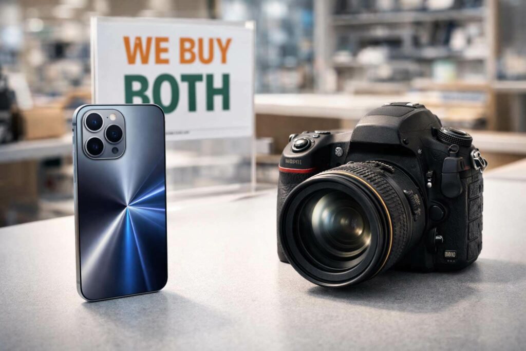 台中手機店收相機與手機跨品類展示 / Mobile phone shop buying cameras and phones cross-category display.