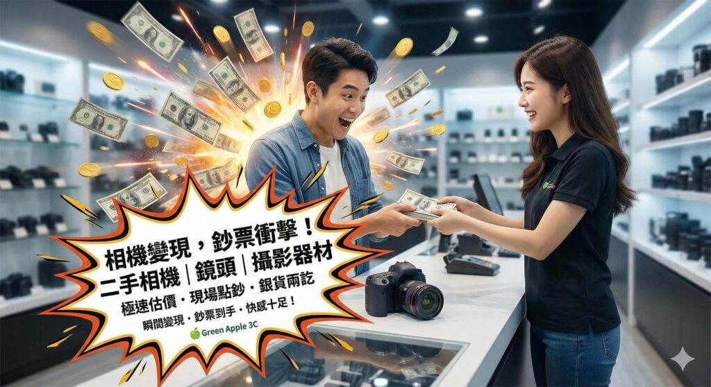 青蘋果3C門市相機收購情境圖。一位男性顧客在櫃檯開心接過店員支付的大筆現金,身旁環繞著飛舞的鈔票與金幣特效,強調變現快感。櫃檯上放著一台欲出售的單眼相機。廣告字卡標題為「相機變現,鈔票衝擊!」,並標註服務項目:「二手相機|鏡頭|攝影器材」,以及賣點:「極速估價・現場點鈔・銀貨兩訖」。